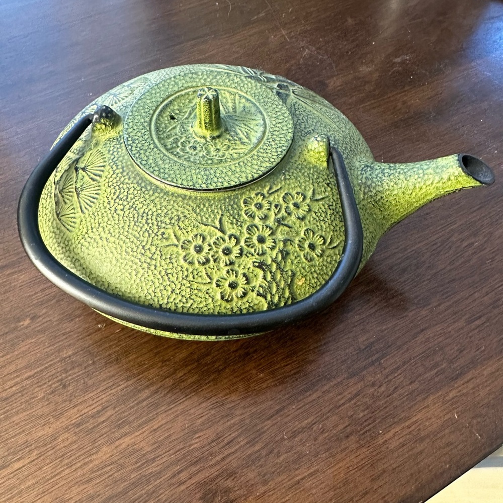 Green Cast Iron Teapot with Floral Design